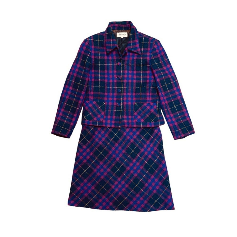 Charme Vintage 2-Piece Set Size 6 US Petite Pink Blue Plaid Wool Skirt Blazer